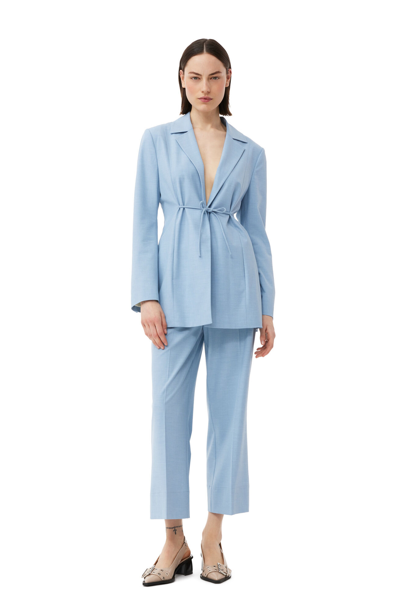 Blue Drapey Melange Cropped Bukser, Elastane, in colour Powder Blue - 1 - GANNI