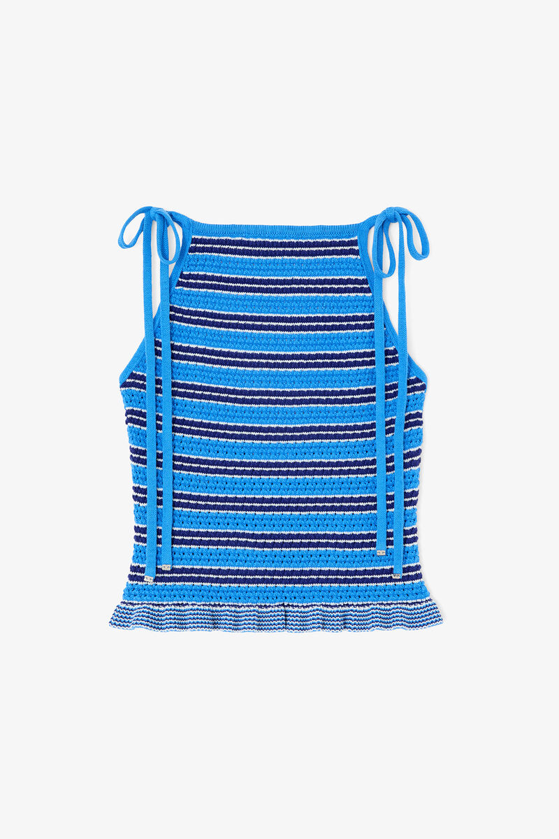 Top in Striped Pointelle, Organic Cotton, in colour Marina - 1 - GANNI