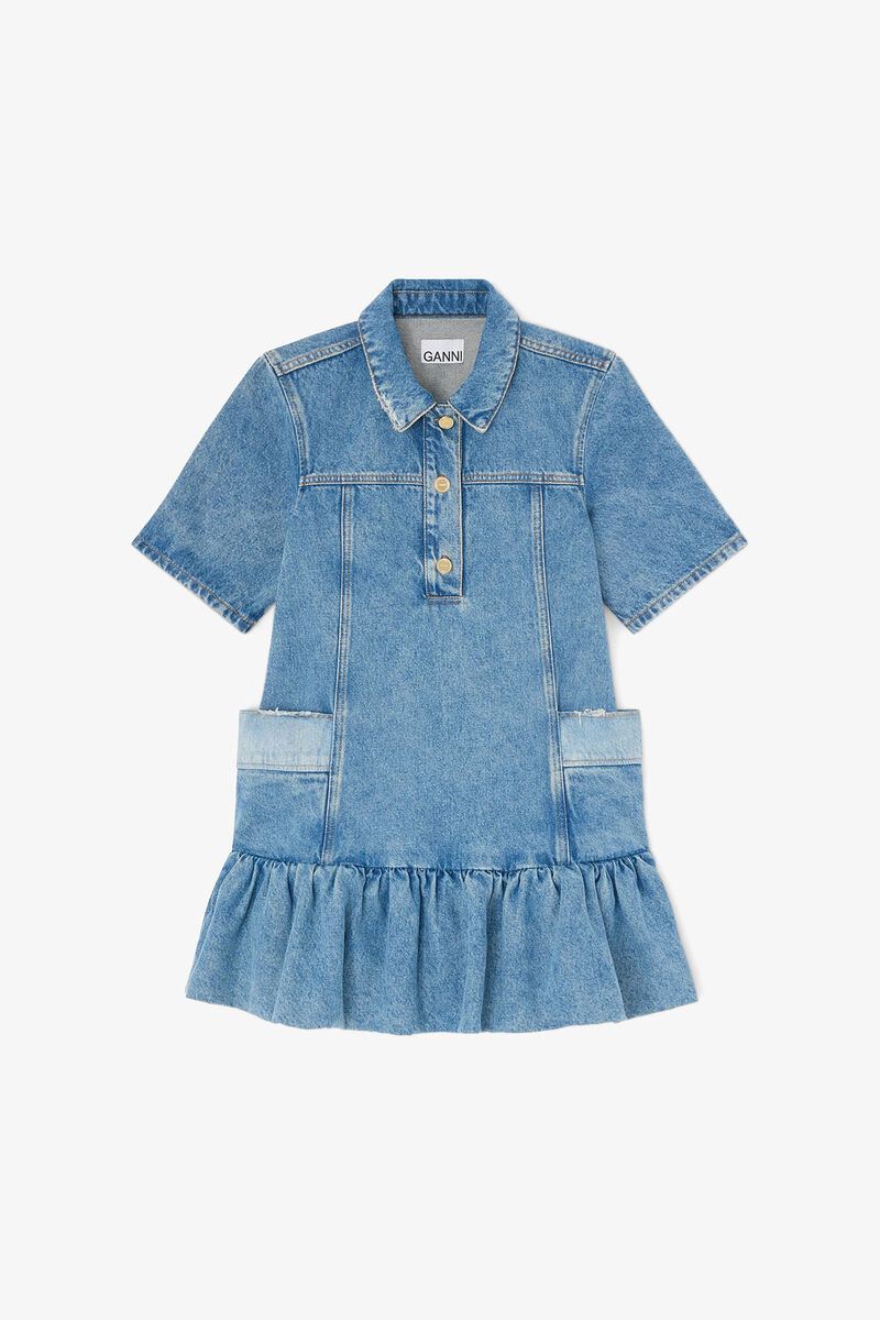 Kjole i patchwork denim, Organic Cotton, in colour Mid Blue Vintage - 1 - GANNI