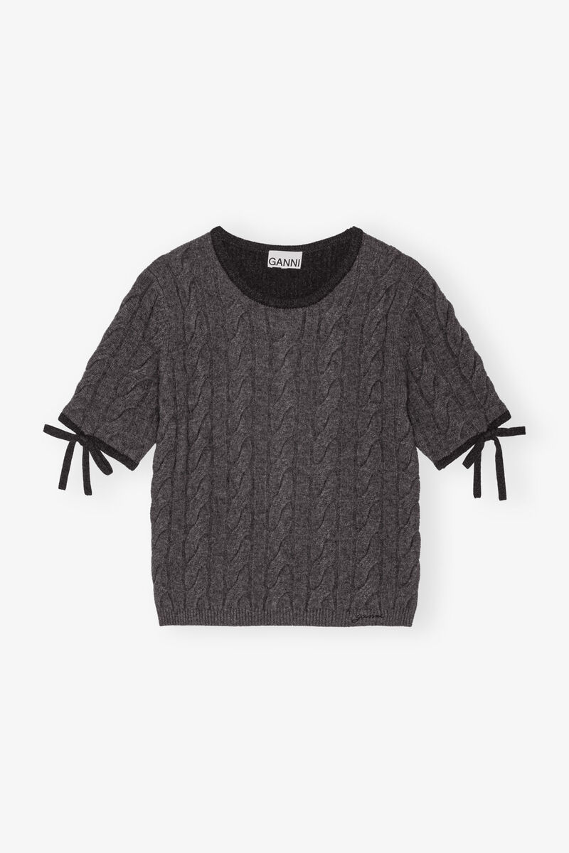 Cable Knit Tie Sleeve Top, Cashmere, in colour Phantom - 1 - GANNI