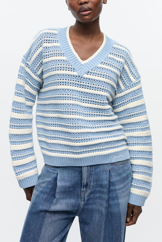 Blue Striped Cotton V-neck Jumper, Egret