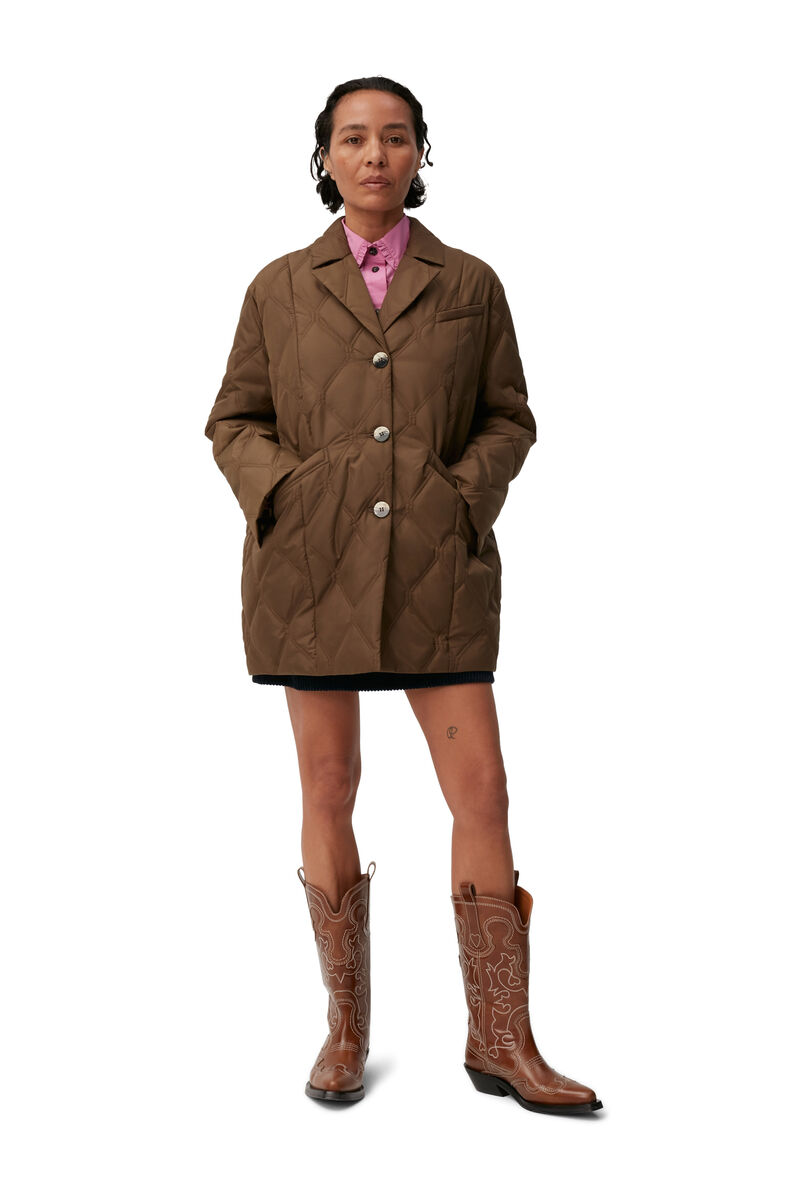 Ripstop Quilt Blazer, Recycled Polyester, in colour Teak - 1 - GANNI