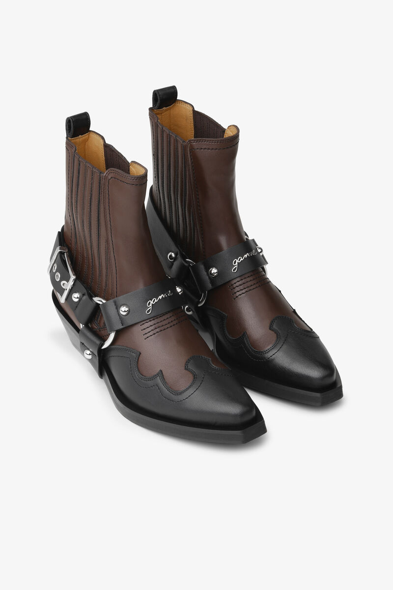 Brown Low Cut Western Chelsea Boots, Polyester, in colour Black/Chocolate Fondant - 2 - GANNI