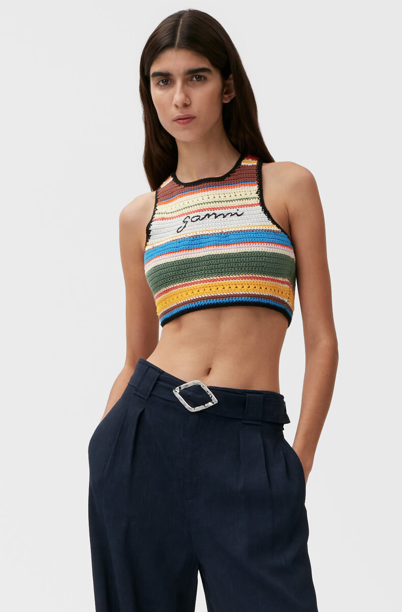 Crochet High-Neck Bikini Top, Cotton, in colour Beach Stripe Multi - 1 - GANNI