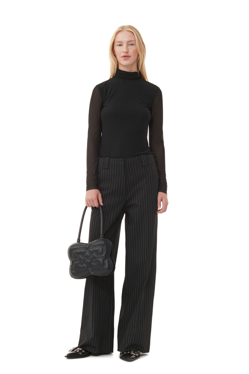 Striped High-waisted Wide Trousers, Elastane, in colour Black - 1 - GANNI