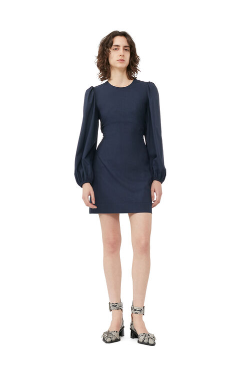 Ganni Mini Navy Blue Open-back Dress With Balloon Sleeves In Stretch Viscose Blend Woman In Navy