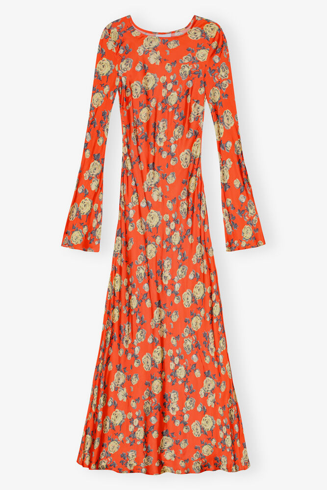 Orange Floral Printed Satin Maxi Dress, Poinciana