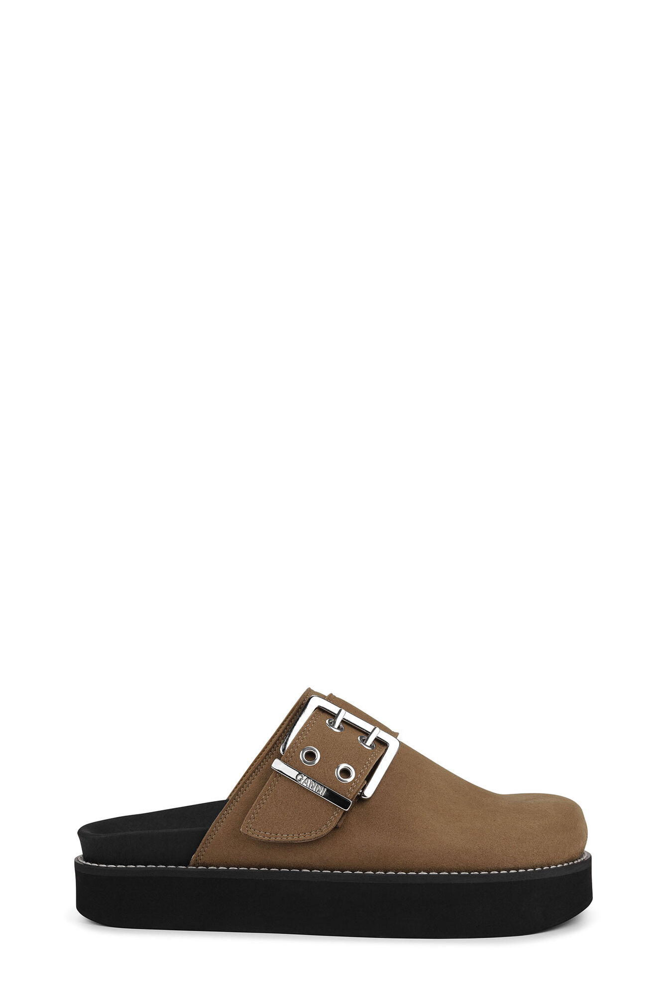 Brown Suede Feminine Buckle Mules, Polyurethane, in colour Chocolate Fondant - 1 - GANNI