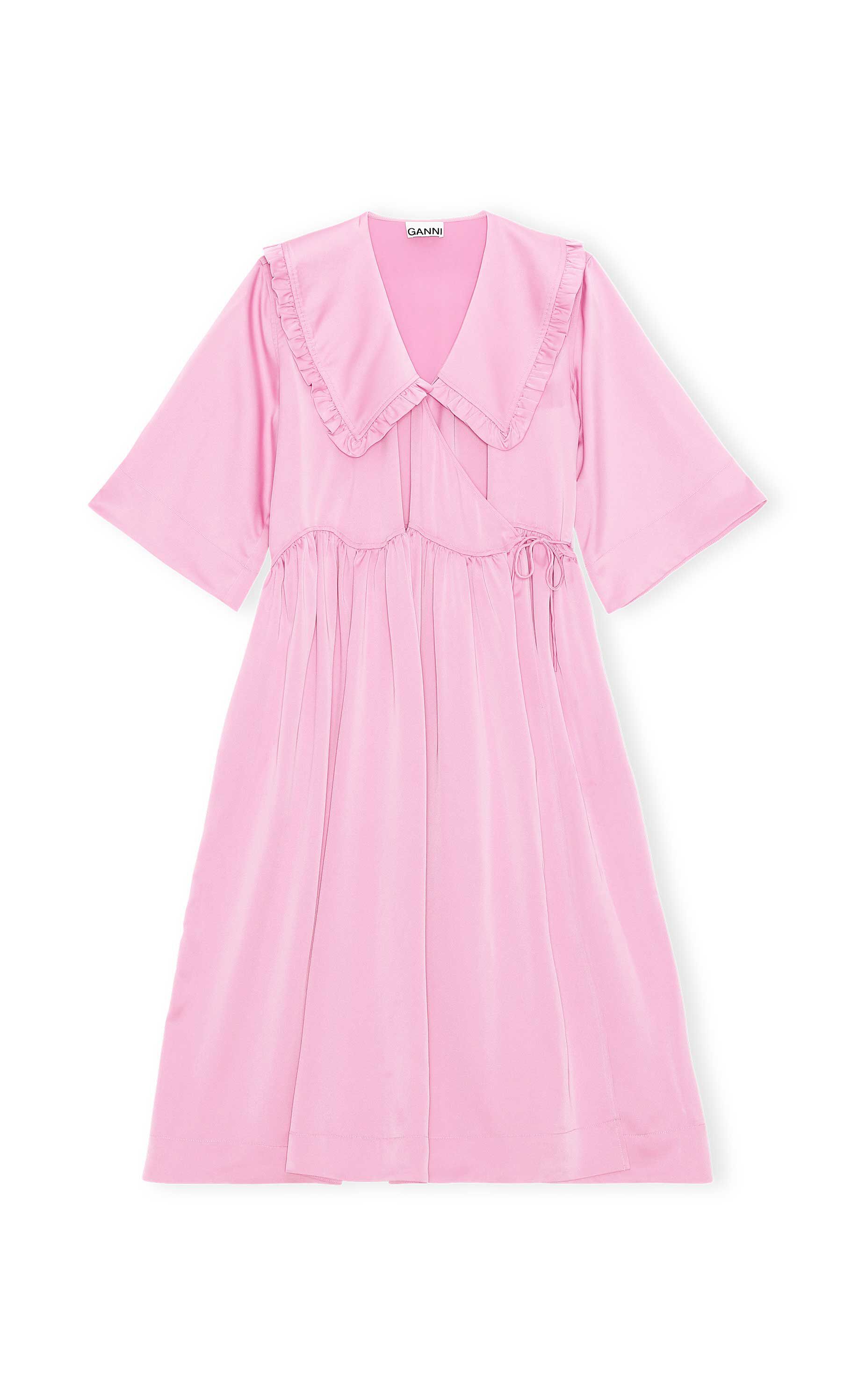 Smocked Satin Ruffle Collar Wavy Waist Oversize Wrap Dress Smocked Satin Ruffle Collar Wavy Waist Oversize Wrap Dress