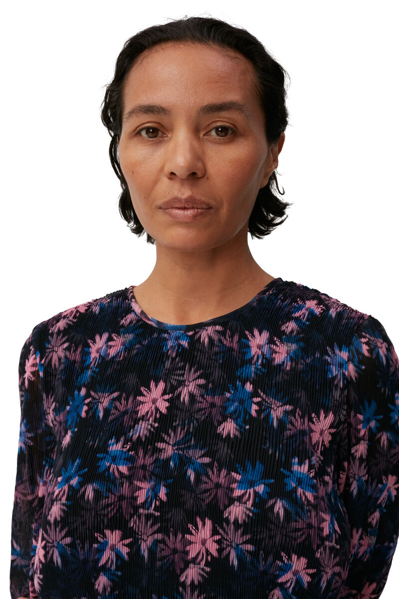 Pleated Georgette Smock Blouse, Recycled Polyester, in colour Daisy Spray Lilac Sachet - 3 - GANNI