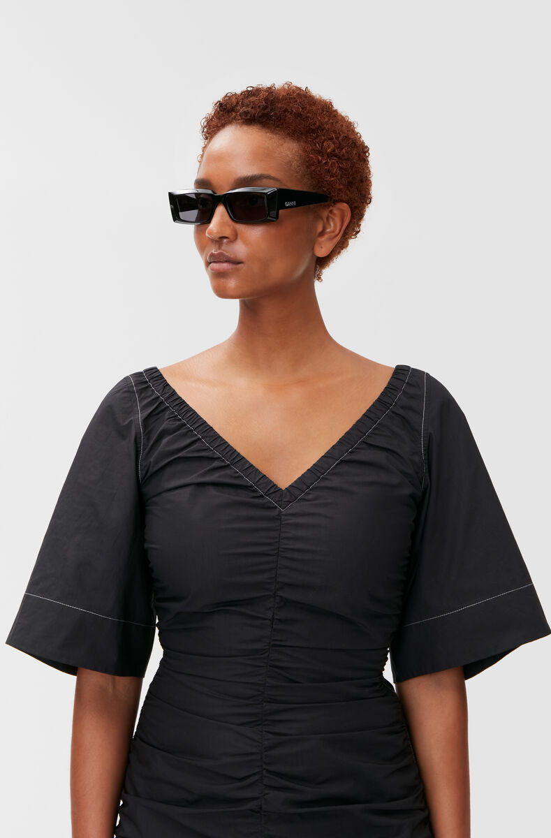 Ruched Mini Dress, Cotton, in colour Black - 6 - GANNI