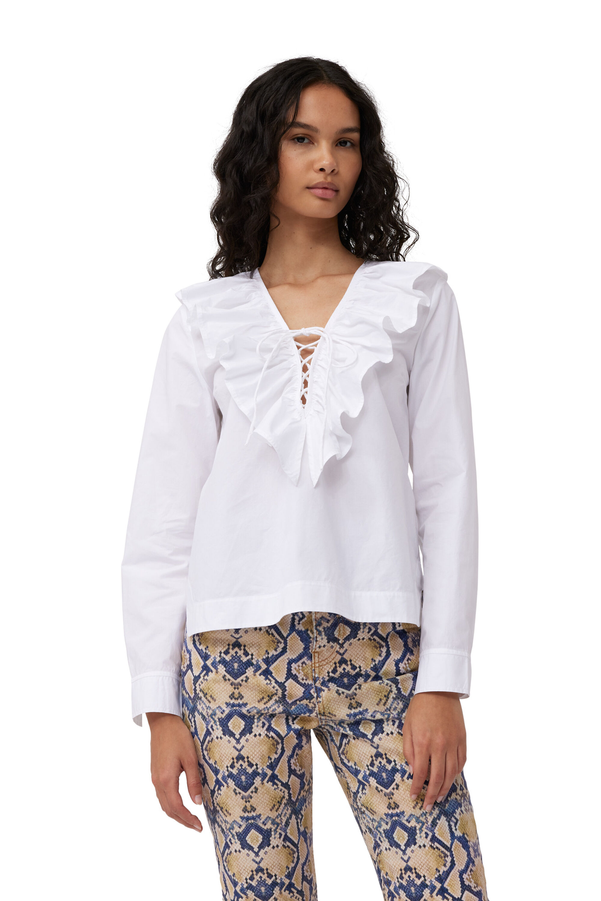 Bright White White Cotton Poplin Ruffle V-neck Blouse | GANNI DE