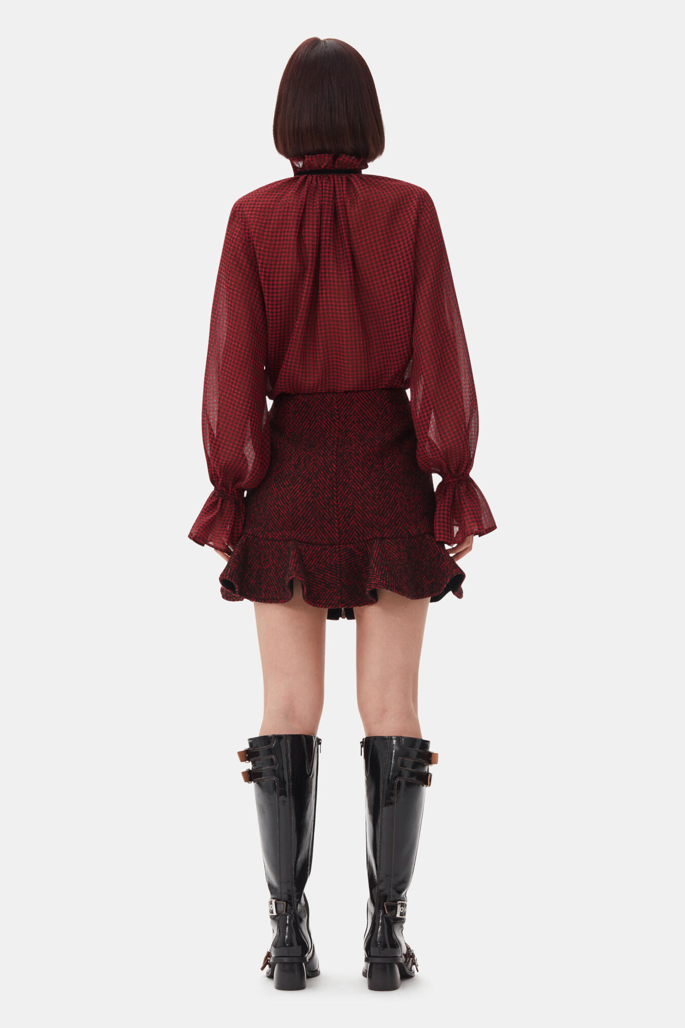 Red Herringbone Wool Mini Skirt, Acryl, in colour Winery - 3 - GANNI