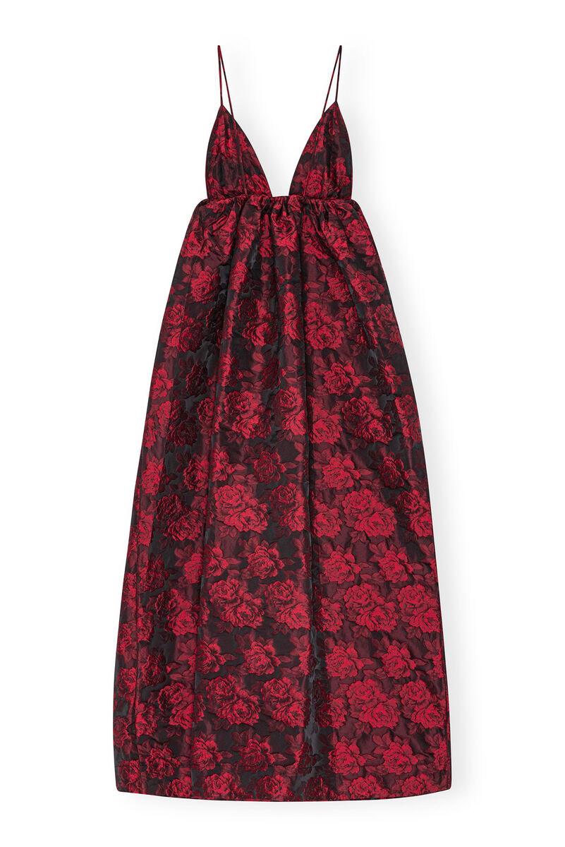 Botanical Jacquard Long Strap Dress, Polyamide, in colour High Risk Red - 2 - GANNI
