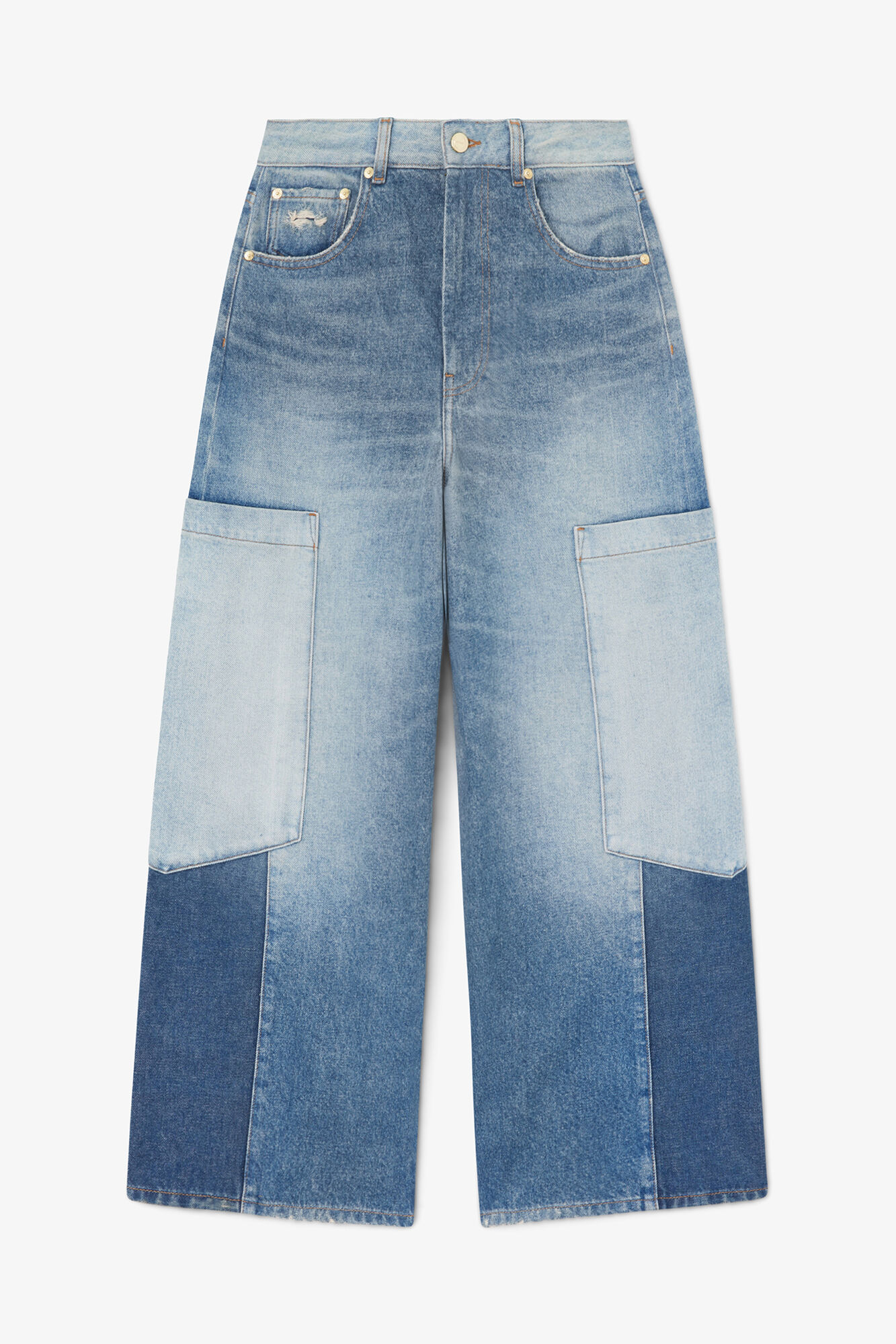 Baggy jeans i patchwork denim, Organic Cotton, in colour Mid Blue Vintage - 1 - GANNI