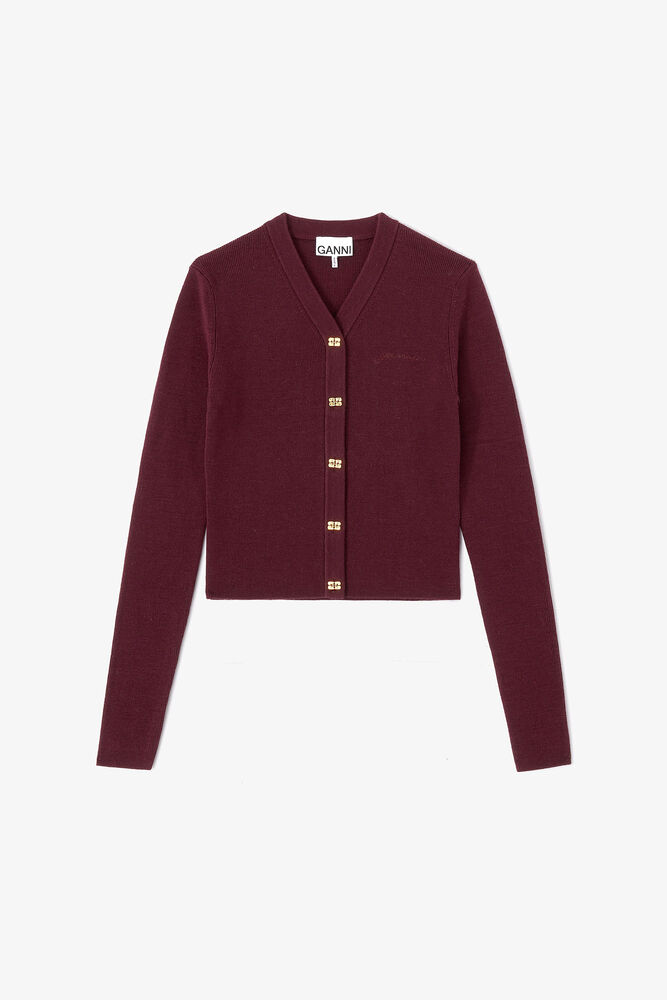 Ribbad cardigan med V-ringning, Red Dahlia