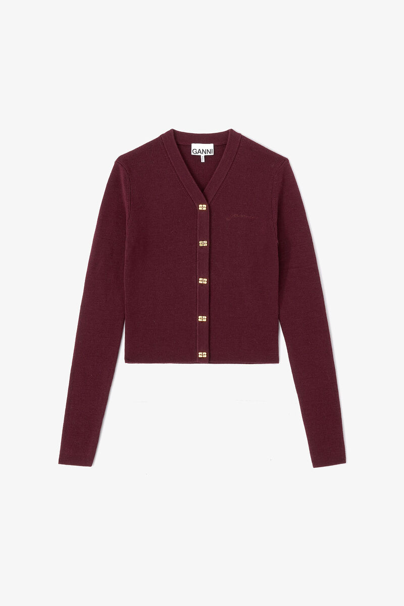 Ribbad cardigan med V-ringning, in colour Red Dahlia - 1 - GANNI