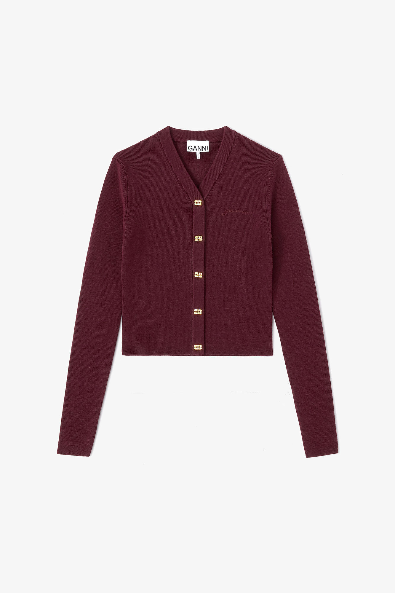 Ribbad cardigan med V-ringning, in colour Red Dahlia - 1 - GANNI