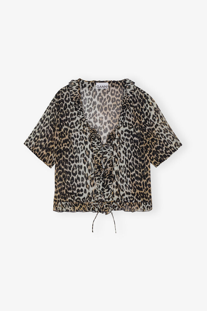 Leopard Printed Chiffon Tie String Blouse, Leopard