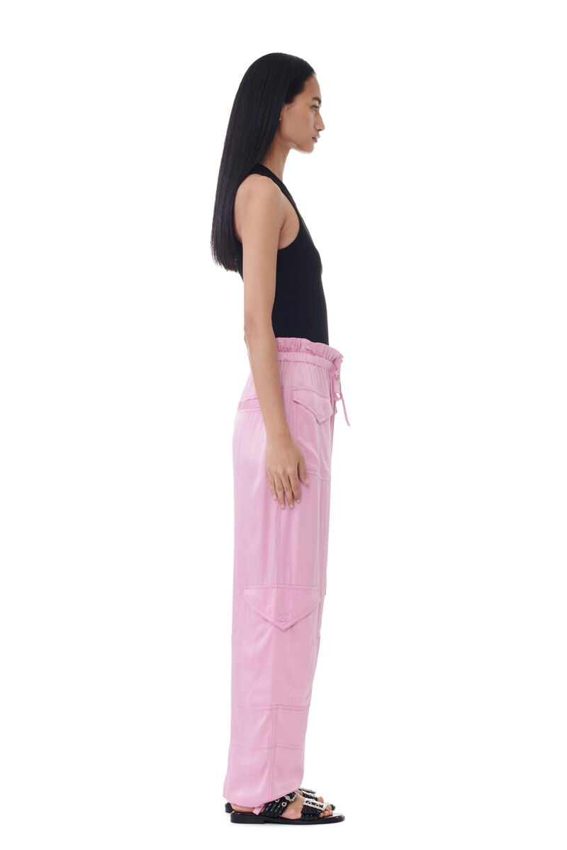 Pink Washed Satin Pants, Cupro, in colour Bleached Mauve - 2 - GANNI
