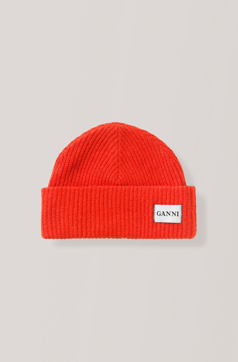 Knit Hat, Wool, in colour Fiery Red - 1 - GANNI