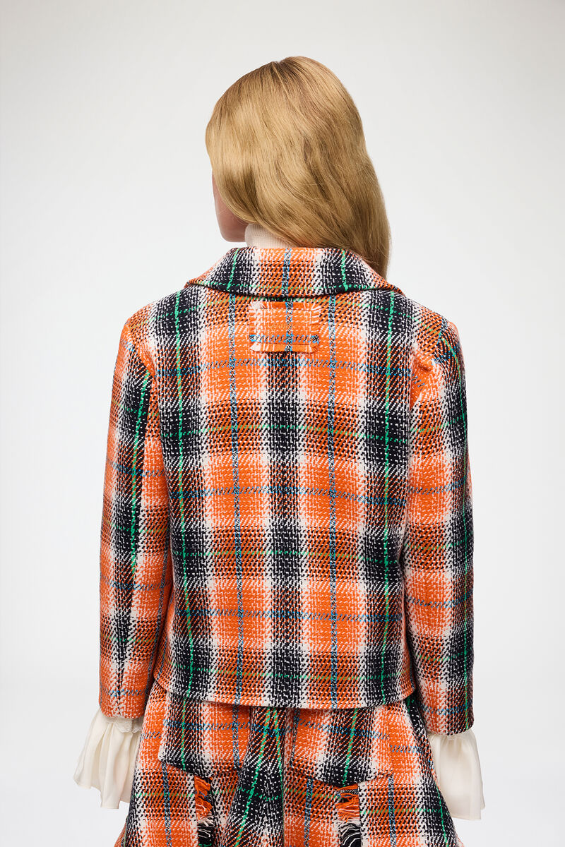 Blazer in Graphic Check, Recycled Wool, in colour Mandarin Orange - 3 - GANNI