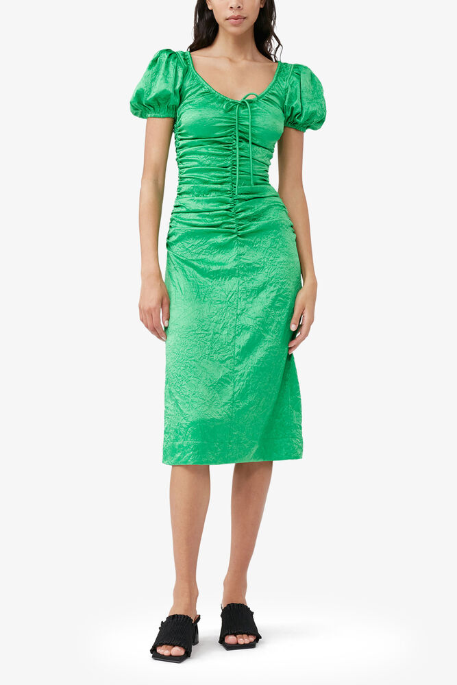 Green Crinkled Satin Midi Dress, Bright Green