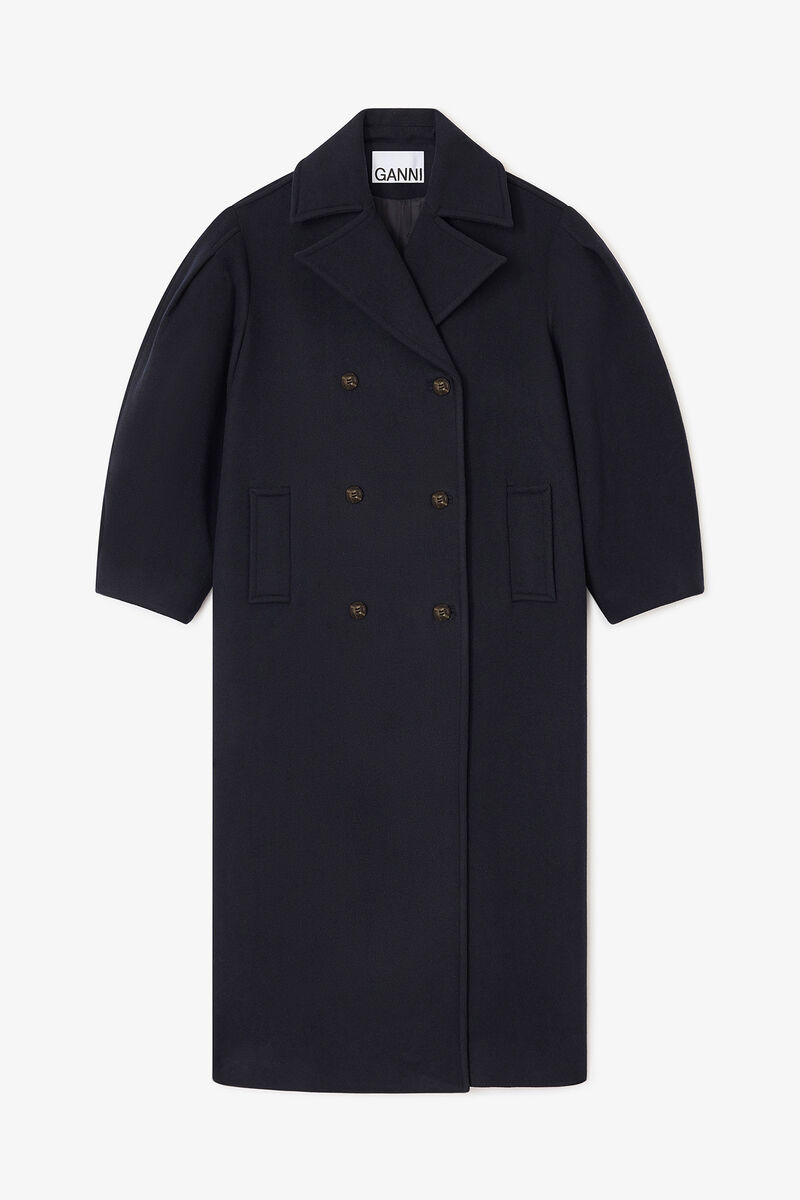 Dark Blue Wool Oversized Long Peacoat, Recycled Wool, in colour Sky Captain - 1 - GANNI
