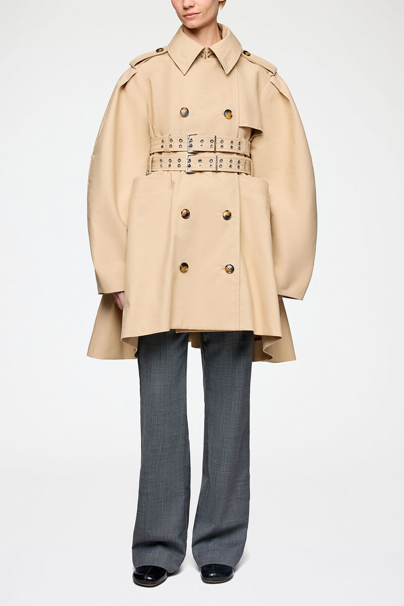 Trench Coat in Double Cotton, Organic Cotton, in colour Warm Sand - 2 - GANNI