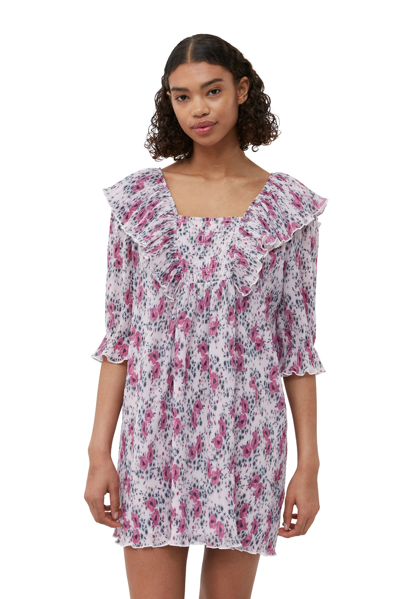 Pleated Georgette Ruffle Mini Dress, Recycled Polyester, in colour Mauve Chalk - 4 - GANNI