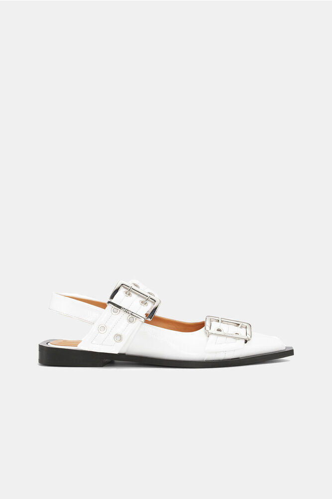 White Wide Welt Buckle Ballerinas, Egret