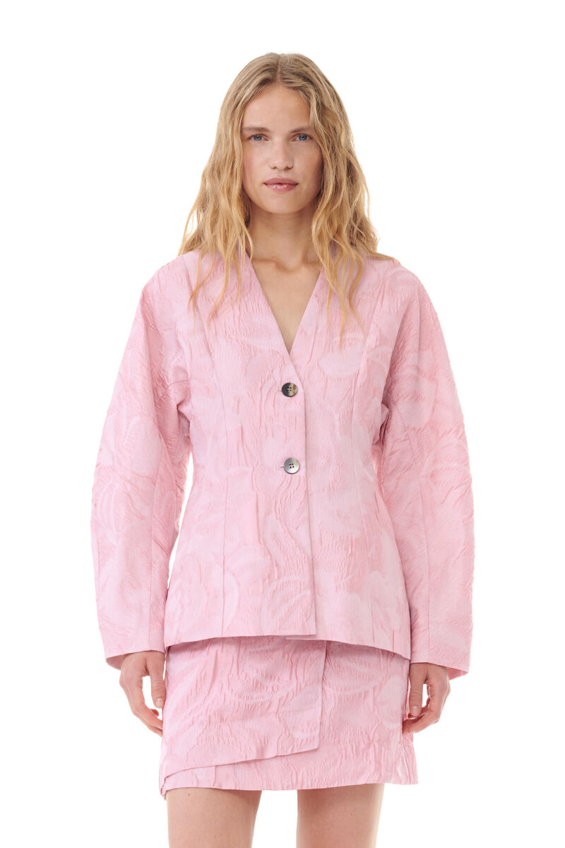 Pink Textured Cloqué Curve Sleeve Blazer, Nylon, in colour Bleached Mauve - 1 - GANNI