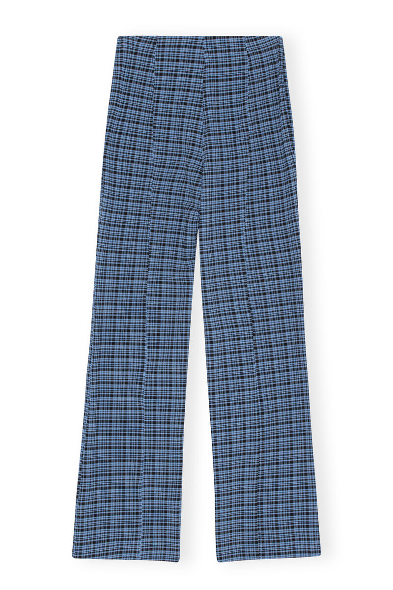 Seersucker Flared Pants , Elastane, in colour Mini Check Granada Sky - 2 - GANNI