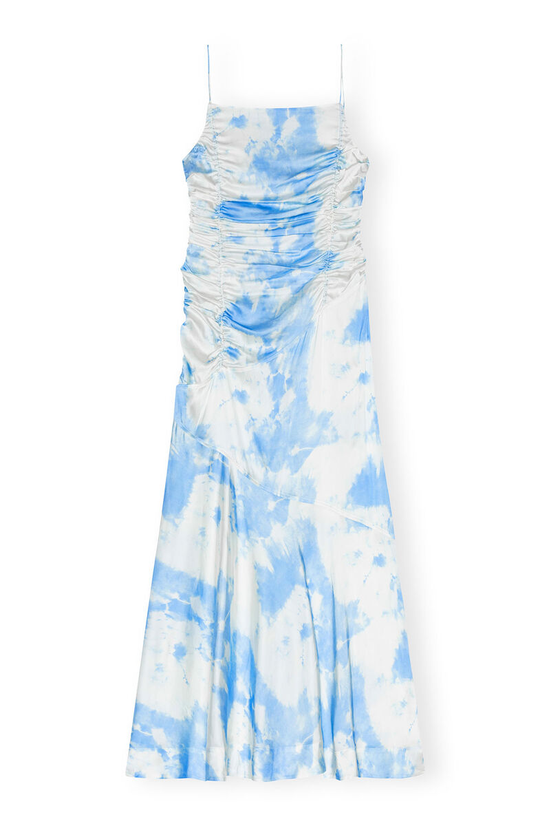 Blue Printed Satin Ruched Long Slip Kleid, in colour Powder Blue - 1 - GANNI