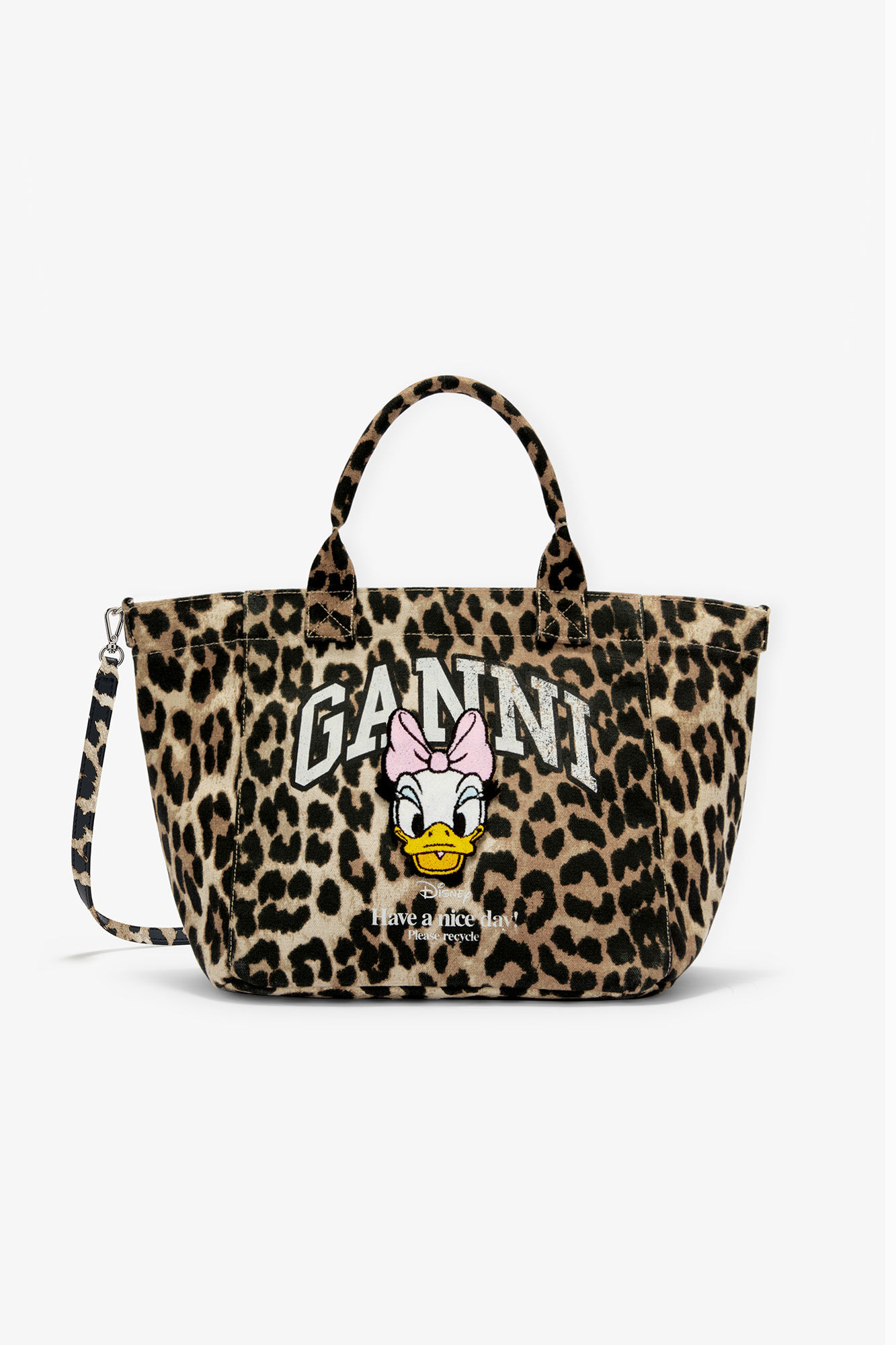 GANNI x Disney Daisy Duck Leopard Small Tote, in colour Almond Milk - 1 - GANNI