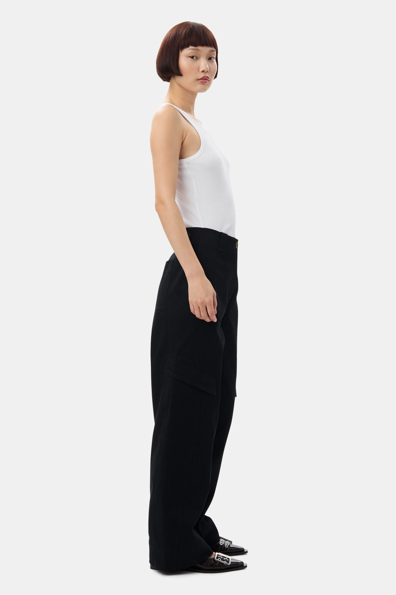 Black Herringbone Canvas Mid Waist Trousers, Elastane, in colour Black - 3 - GANNI