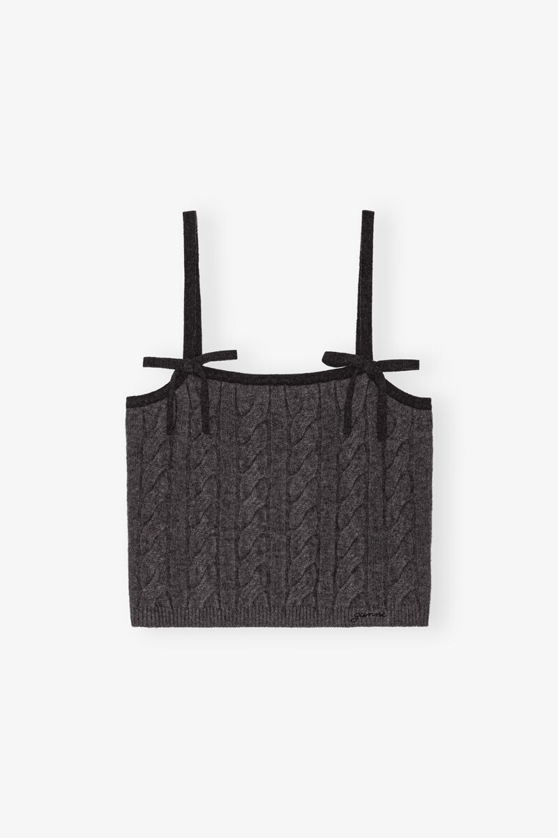Dark Gray Cable Knit Strap Top, Cashmere, in colour Phantom - 1 - GANNI