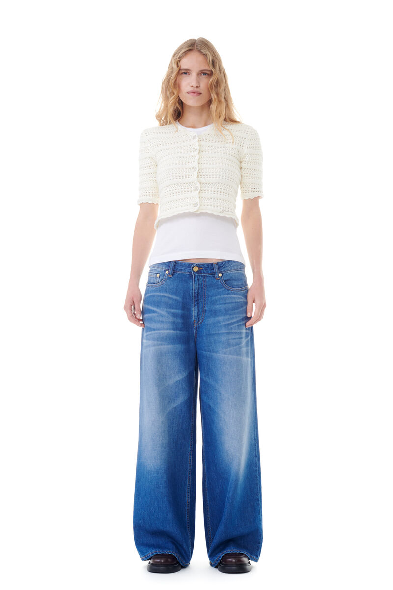 White Pointelle Short Sleeve-cardigan, Cotton, in colour Egret - 2 - GANNI
