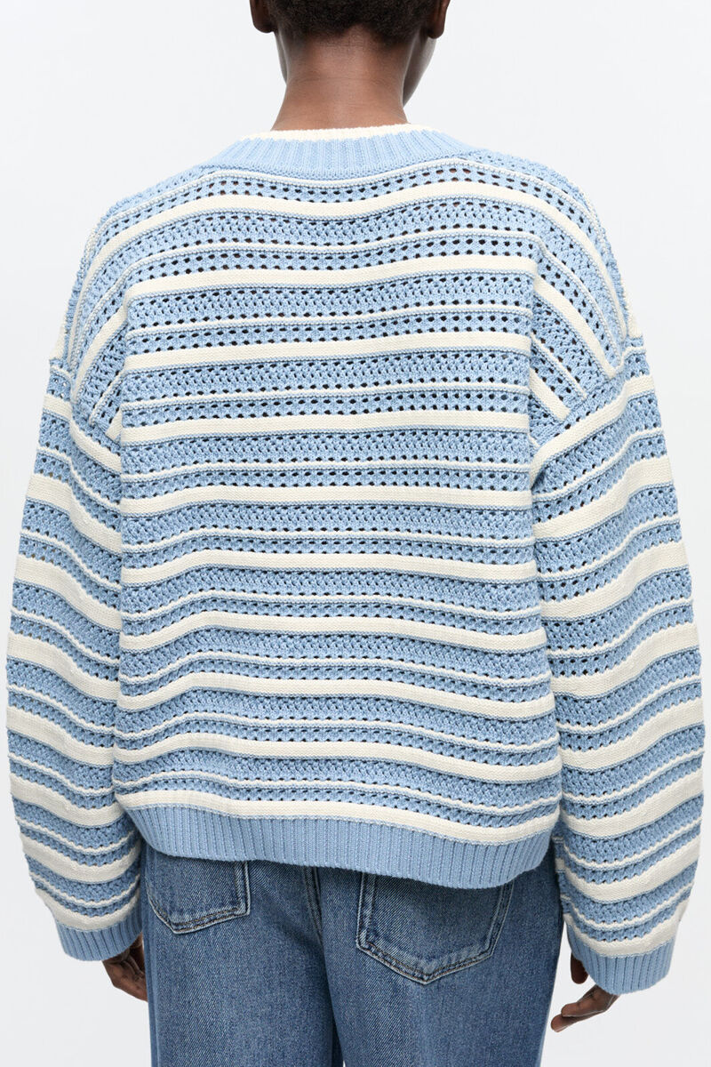 Blue Striped Cotton V-neck Jumper, Organic Cotton, in colour Egret - 3 - GANNI