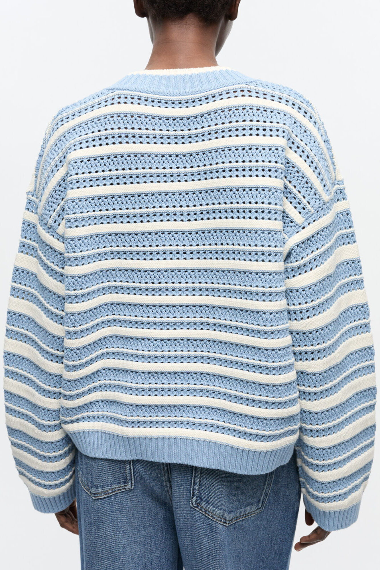Blue Striped Cotton V-neck Jumper, Organic Cotton, in colour Egret - 3 - GANNI