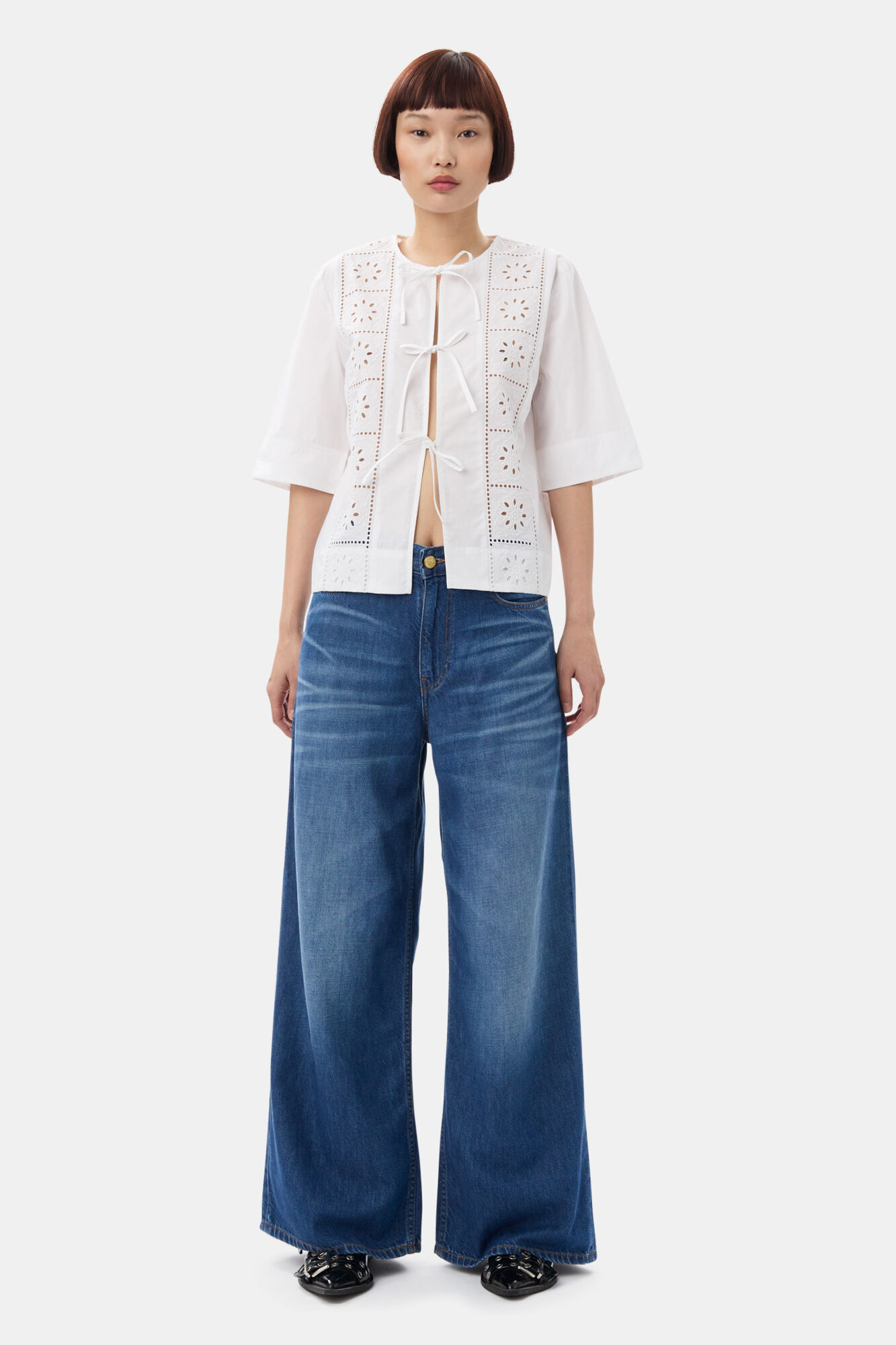 White Broderie Anglaise Tie Blouse, Cotton, in colour Bright White - 2 - GANNI