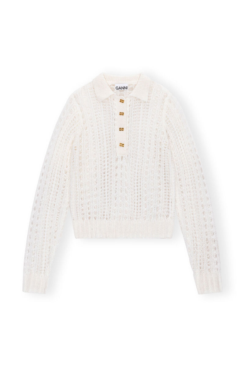 Bright White White Mohair Lace Polo Sweater | GANNI