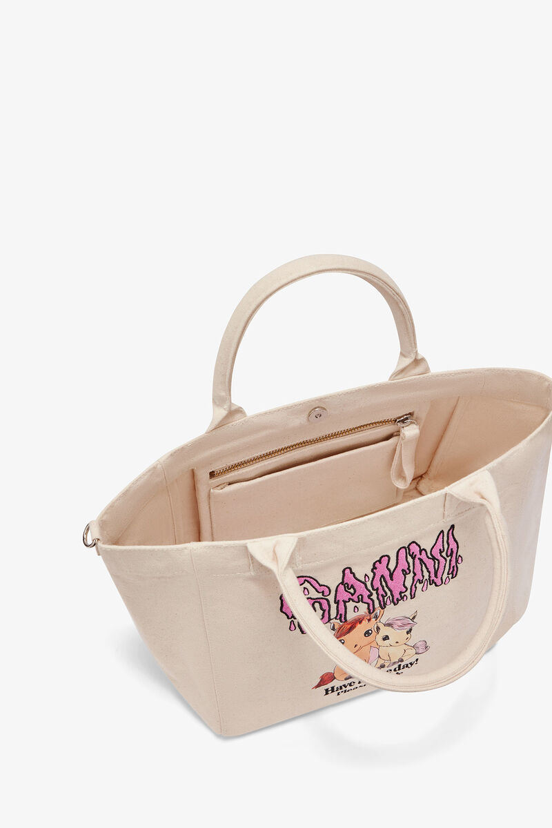 Small Easy Pony Printed Shopper, Recycled Cotton, in colour Egret - 3 - GANNI