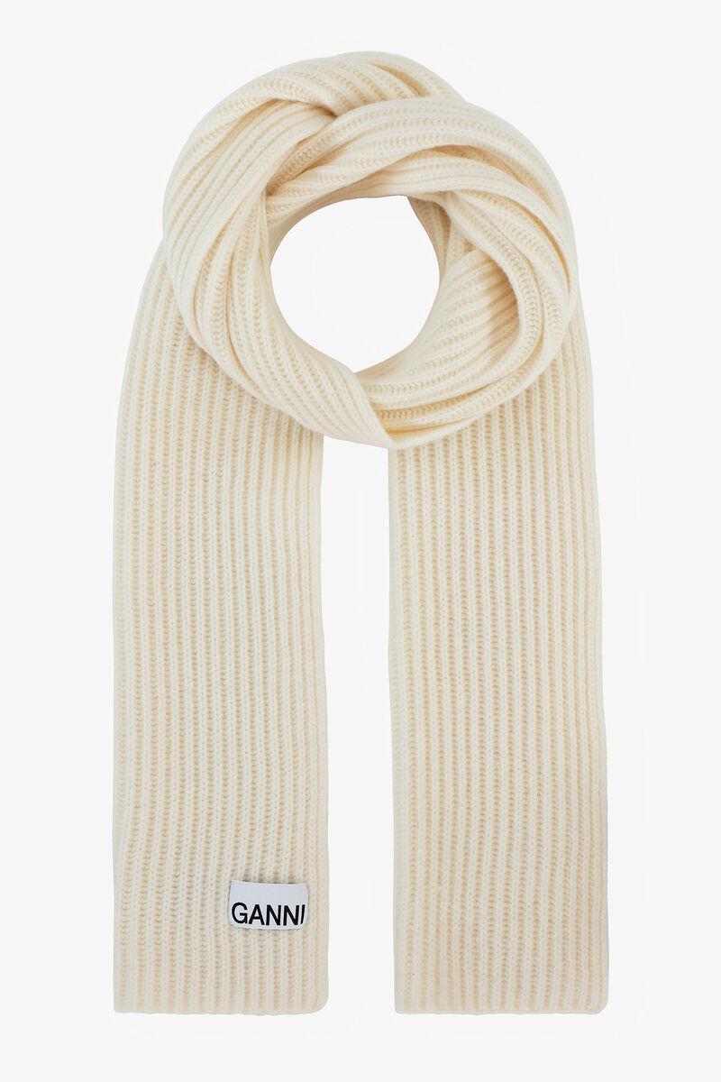 Ribbed Wool Scarf, Recycled Polyamide, in colour Egret - 1 - GANNI