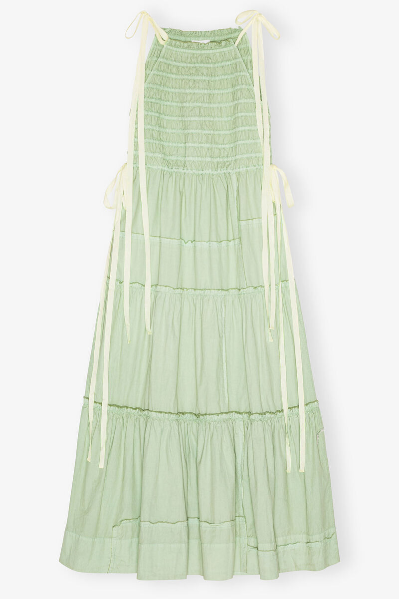 Hellgrünes gesmoktes Stufenkleid, Cotton, in colour Frosty Green - 1 - GANNI