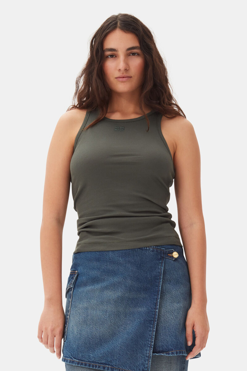 Green Soft Cotton Rib Tank Top, Elastane, in colour Climbing Ivy - 1 - GANNI