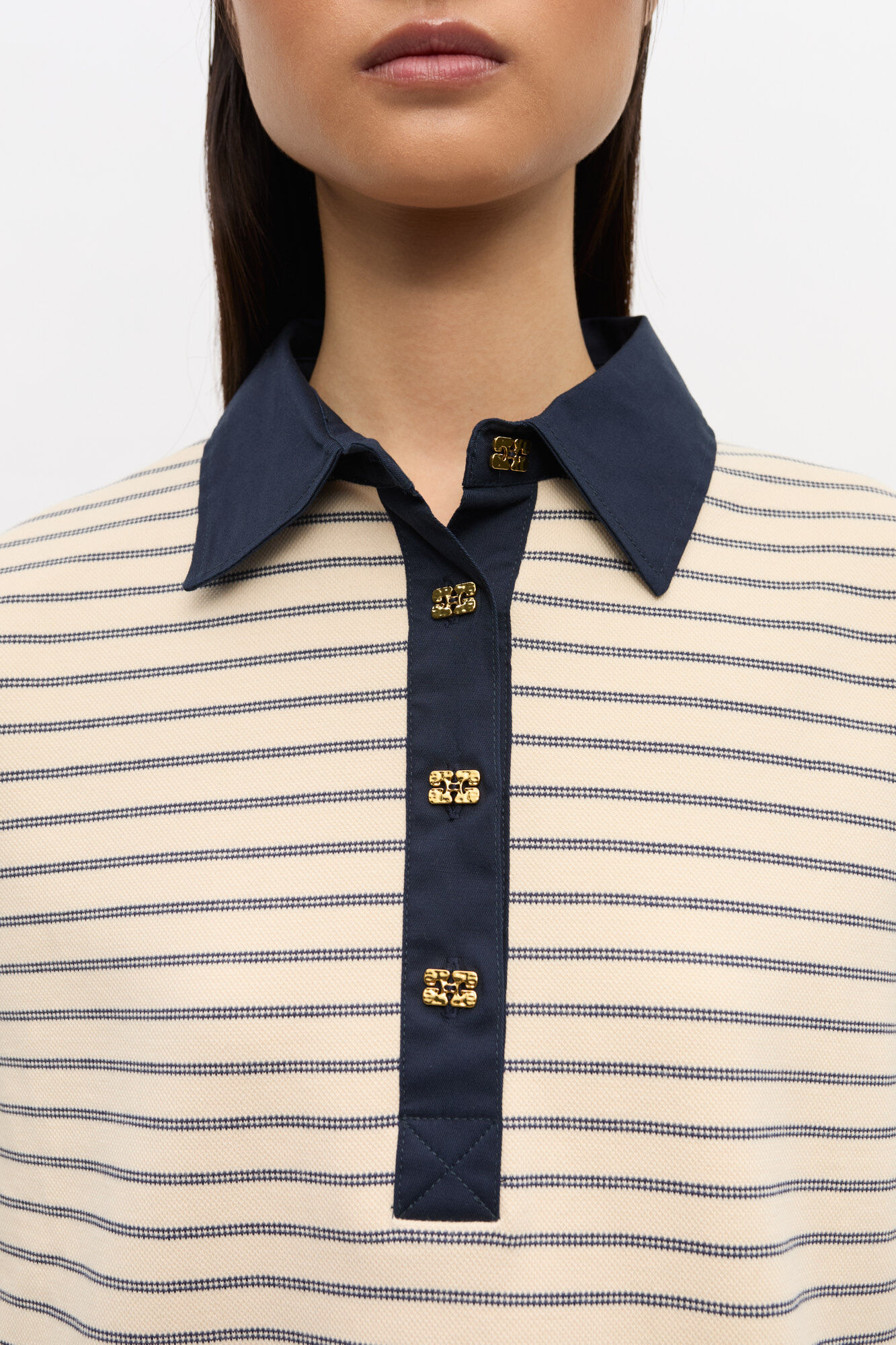 Striped Cotton Polo, Cotton, in colour Egret - 3 - GANNI