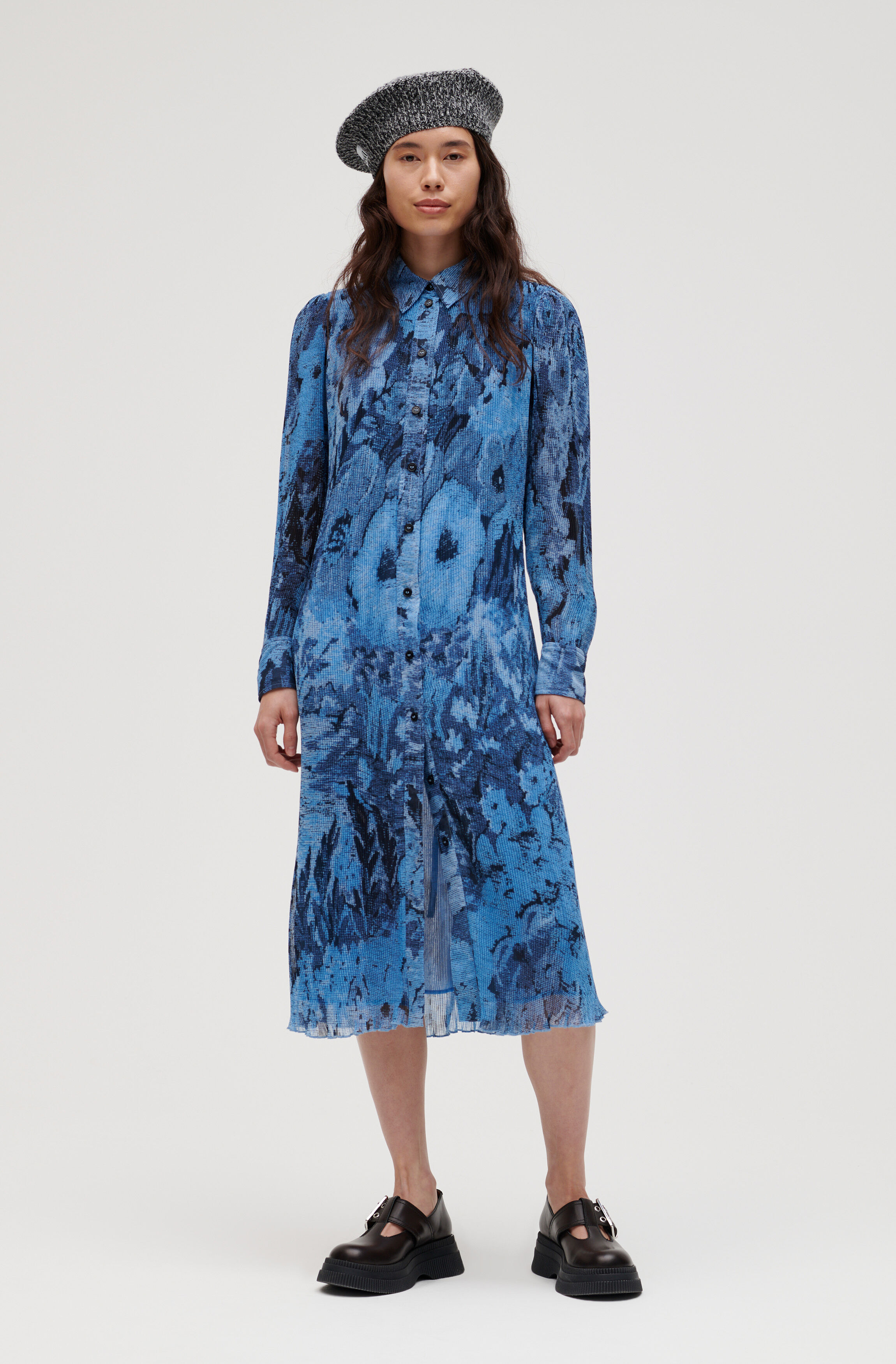 Pleated Georgette Shirt Midi Dress 