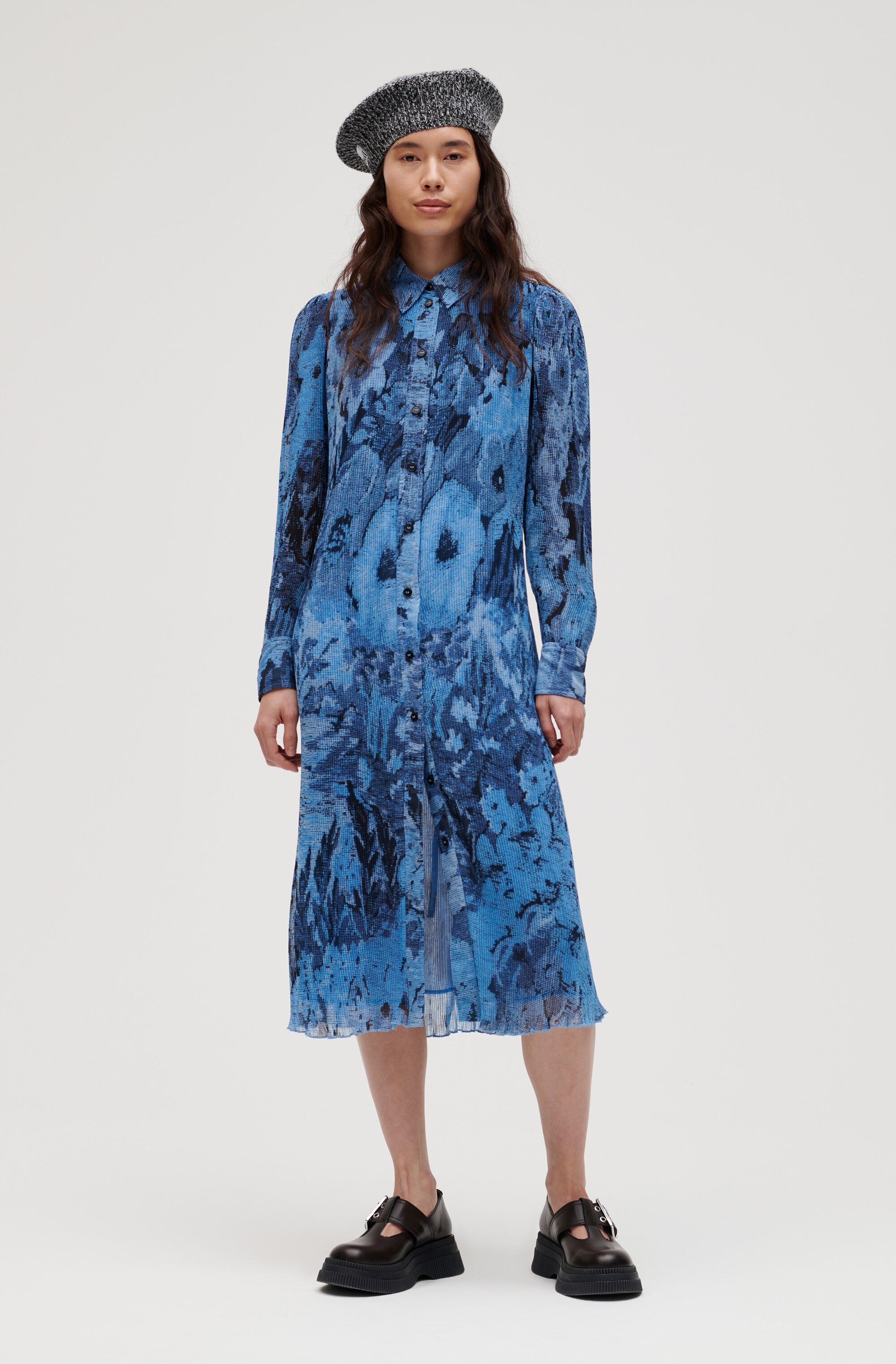 Pleated Georgette Shirt Midi Dress