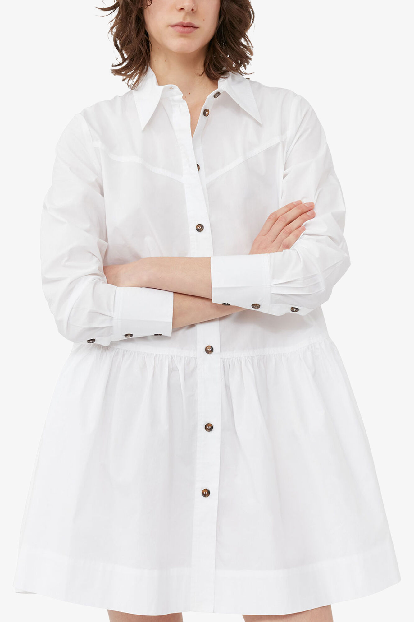 White Cotton Poplin Mini Shirt Dress, Organic Cotton, in colour Bright White - 4 - GANNI